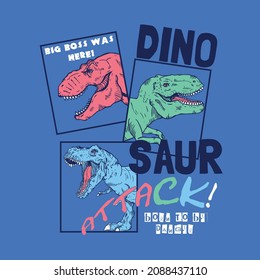 tee print design with dinosaurs head drawn as vector