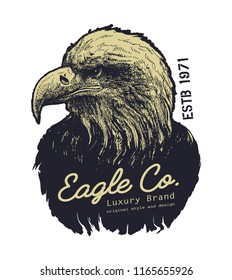 Tee print design with eagle drawing. Vector illustration.