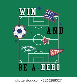 tee print design with football ground drawn, ball drawn and patches as vector