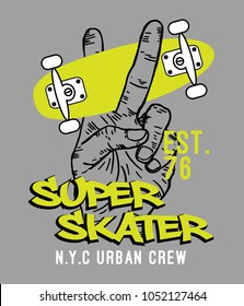 tee print design with hand and skate vector drawn