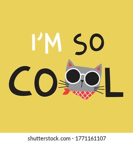 tee print design for kids fashion as vector with cool cat head drawing