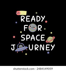tee print design for kids fashion with cute planets, ufo drawing as vector