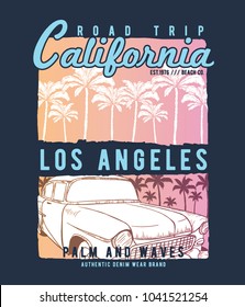 tee print design with palms and car drawn as vector