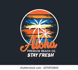 Tee print design with palms drawn as vector. Aloha typography with palms tree illustration for  print , vector illustration.