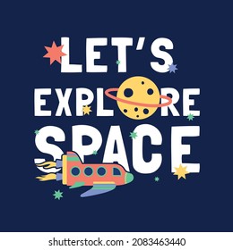 tee print design with planet and spaceship drawing as vector