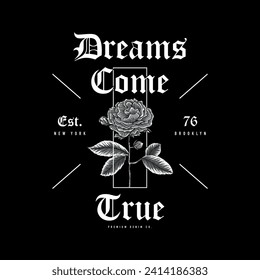 tee print design with rose drawing and typo as vector