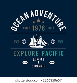 tee print design with ship, anchor drawing and typo as vector