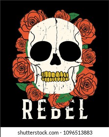 tee print design with skull and rose drawn as vector