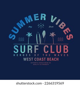 tee print design with surfboard, palms drawn and typo as vector