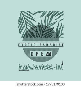 tee print design with tropic leaf drawn as vector
