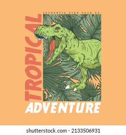 tee print design with tropical leaf texture and dinosaur drawing as vector