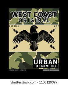 tee print design as vector with camouflage texture and eagle drawn