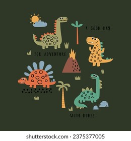 tee print design as vector with cute dinosaurs drawing