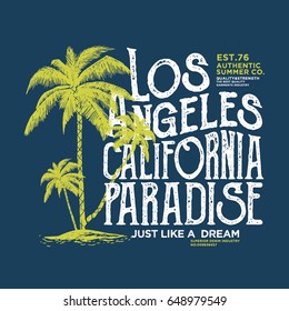 tee print design as vector with grunge effected typo and palm drawn