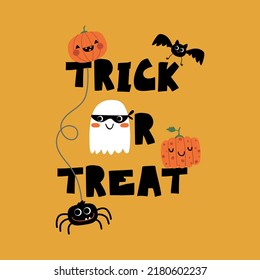 tee print design as vector for halloween with cute ghost, spider, bat and pumpkins