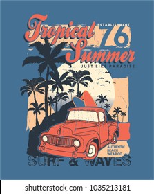 tee print design as vector with palm trees and truck drawn