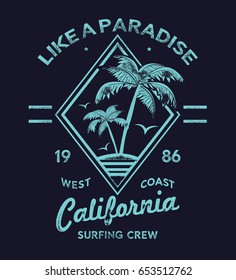 tee print design as vector with palm tree and typo