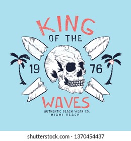 tee print design as vector with skull an surf drawn