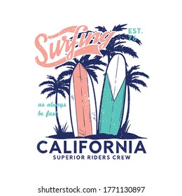 tee print design as vector with surf board drawn