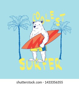 tee print design as vector with surfer bear drawing for kids fashion