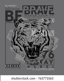 tee print design as vector with typo and tiger head sketch