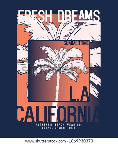tee print design as vector with typo and palm tree