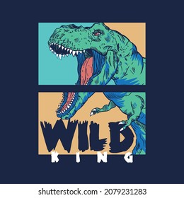 tee print design with wild dinosaur face drawn as vector