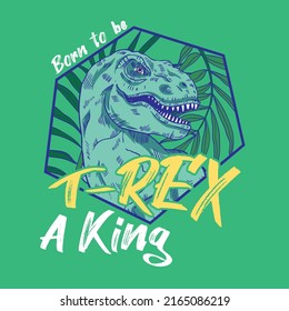 tee print design with wild dinosaur head drawing and tropical leaf drawing