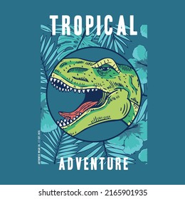 tee print design with wild dinosaur face drawing and tropical leaves as vector