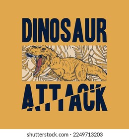 diseño de impresión de tee con estirado de dinosaurio silvestre y textura de hoja tropical como vector