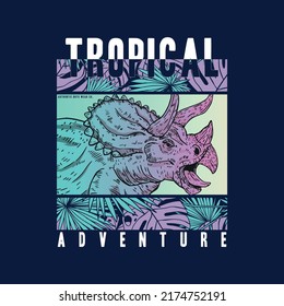 tee print design with wild triceratops drawing as vector