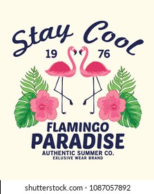 tee print vector design with flamingo and tropical flowers drawn