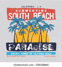 tee print vector design with grunge texture and palm tree drawn