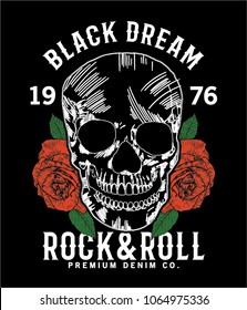 tee print vector design with roses and skull drawn