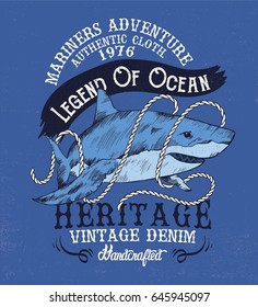 tee print vector design with shark drawn