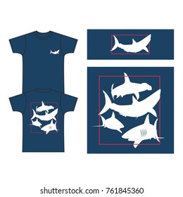Tee print vector design with sharks