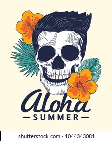 tee print vector design with skull and tropical flower drawn