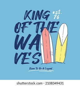 tee print vector design with typo and surfboard drawn
