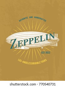 tee print zeppelin, air balloon transport, t-shirt graphics, design with Animal. Vector grunge background. vintage lettering and poster, print or banner. america typography. engraved hand drawn.