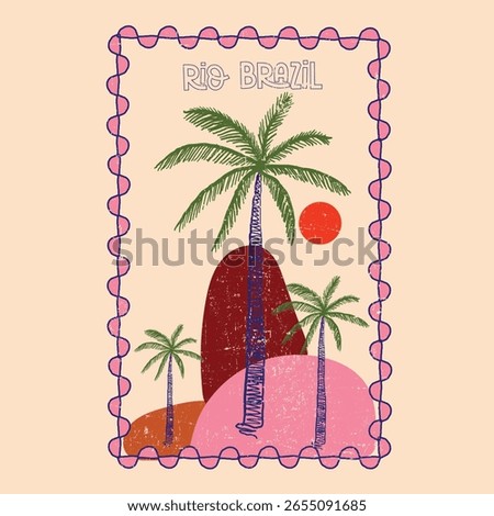 tee for Rio Brazil travel vector design, Copacabana beach vector art. tropical beach vacation artwork for t shirt, poster, print, palm tree mountain