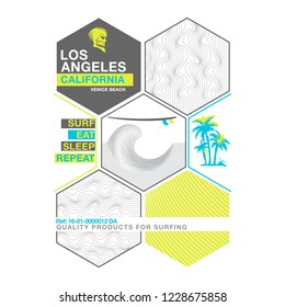 Tee Shirt Design with Los Angeles California and big wave surfing Theme