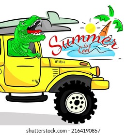 Tee Shirt Dinosaur Summer Surfboard Truck Design Vector Cartoon Car Surf Yellow On Beach. Vector Format Separated Green Coconut Tree On White Background 
 Isolated .