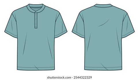 Camiseta Tee design de moda. Meio Botão T-Shirt ilustração de moda técnica, ajuste relaxado, frente e vista traseira, verde, mulheres, homens, maquete CAD unissex.