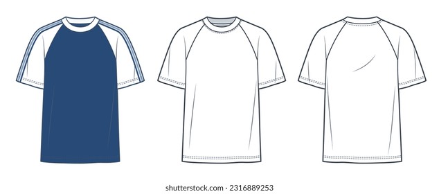 Tee Shirt fashion flat technical drawing template. Raglan Sleeve T Shirt technical fashion Illustration, overfit,  front and back view, white, blue, women, men, unisex CAD mockup set.