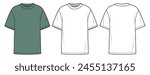 Tee Shirt fashion flat tehnical drawing template. Unisex T-Shirt technical fashion illustration, oversize, front and back view, white, green, women, men, unisex Top CAD mockup set.