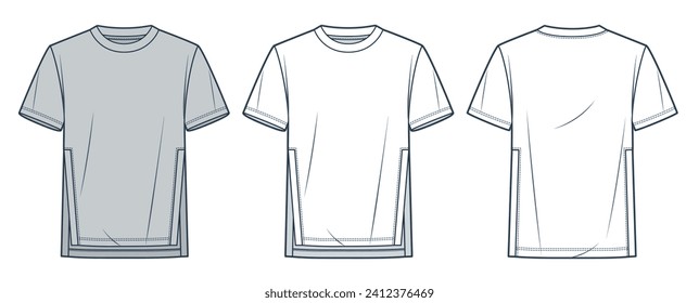 Tee Shirt fashion flat tehnical drawing template. Slit T-Shirt technical fashion illustration, front and back view, relaxed fit, white, grey, women, men, unisex Top CAD mockup set.