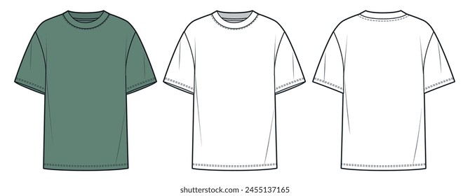 Tee Shirt fashion flat tehnical drawing template. Unisex T-Shirt technical fashion illustration, oversize, front and back view, white, green, women, men, unisex Top CAD mockup set.