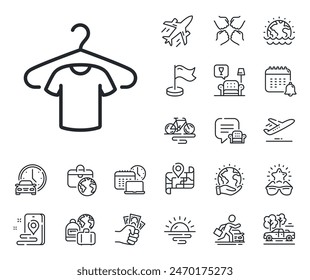 Tee shirt with hanger sign. Plane jet, travel map and baggage claim outline icons. T-shirt line icon. Fabric sport wear symbol. T-shirt line sign. Car rental, taxi transport icon. Vector