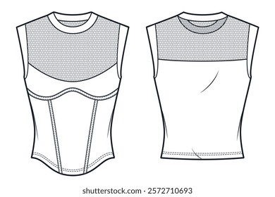 Tee Shirt with Mesh Trim fashion flat technical drawing template. Top technical fashion Illustration, sleeveless, transparent mesh, slim fit, front and back view, white, women, girl Top CAD mockup.