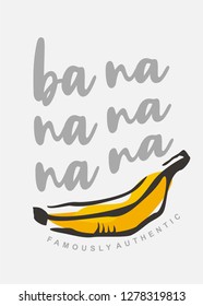 Tee shirt print template with yellow banana graphic. Girls dress appearance    with summer fruit and playful typo. Fashion vector pattern.